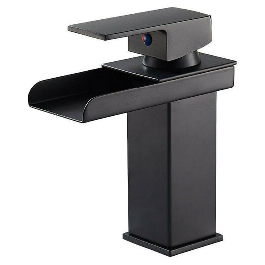 Baterie lavoar baie Macvi® tip cascada cromata din bronz inaltime 160 mm pipa 135 mm monocomanda, negru mat