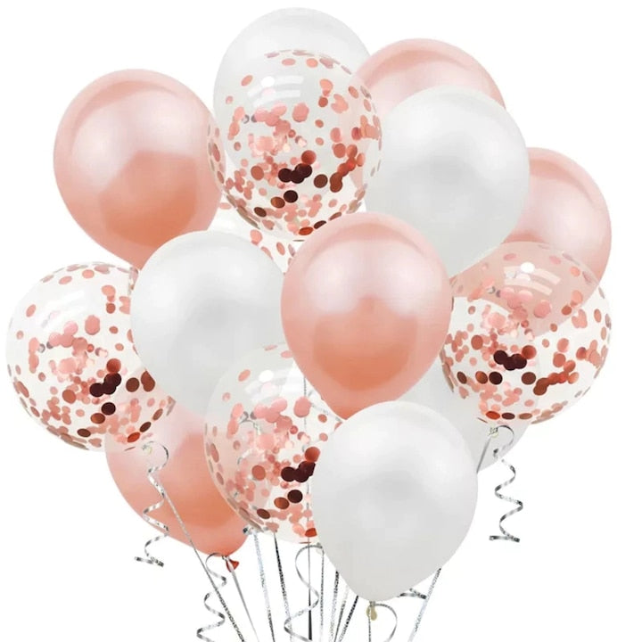 Set 15 Baloane Teno®, Confeti, pentru Petreceri/Aniversari/Evenimente, o singura dimensiune, 3 culori, latex, roz/alb/transparent