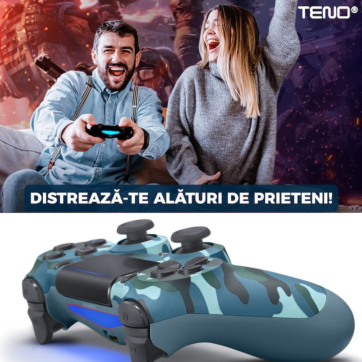 Controller Wireless DoubleShock Teno®, compatibil cu PS4, joystick-uri analog, vibratie dubla, baterie performanta, cammouflage blue