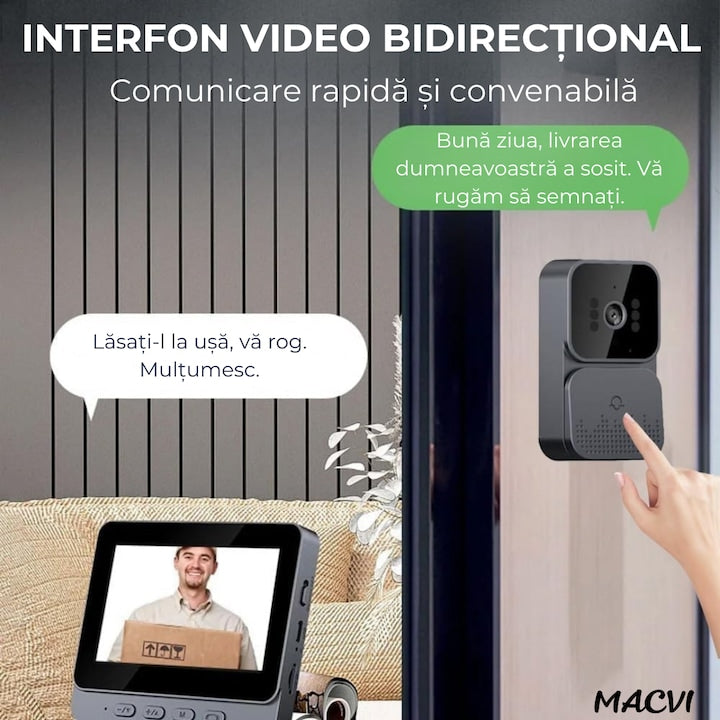 Sonerie video Macvi® wireless cu camera si monitor IPS 4, 3 inch interfon bidirectional fara WiFi, vedere nocturna IR, stocare pe card SD, instalare rapida