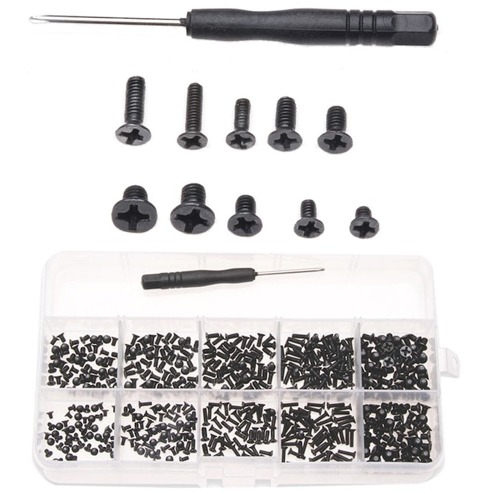 Suruburi Negre M2 M3 Macvi®, Set 500 Bucati, 10 Dimensiuni, Cu Surubelnita, Metal Rezistent, Organizare DIY