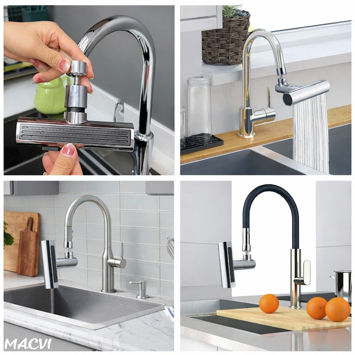 Baterie de bucatarie Macvi® 4 in 1 cu cascada, pivotanta 360°, robinet extensibil multifunctional din otel inoxidabil 304, rezistent la coroziune si uzura
