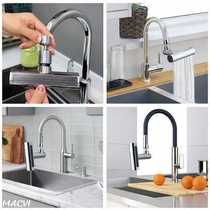 Baterie de bucatarie Macvi® 4 in 1 cu cascada, pivotanta 360°, robinet extensibil multifunctional din otel inoxidabil 304, rezistent la coroziune si uzura