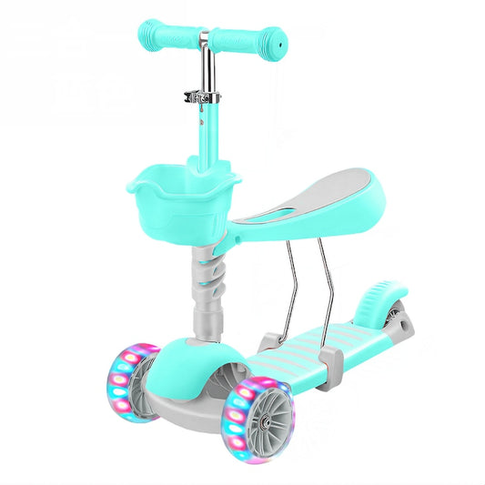 Trotineta pentru Copii 2 in 1 Teno®, scaunel incorporat, lumini,3 roti, cosulet frontal, anti-aluncare, inaltime ajustabila, stabila, frana, incorporata, 3-11 ani, turcoaz