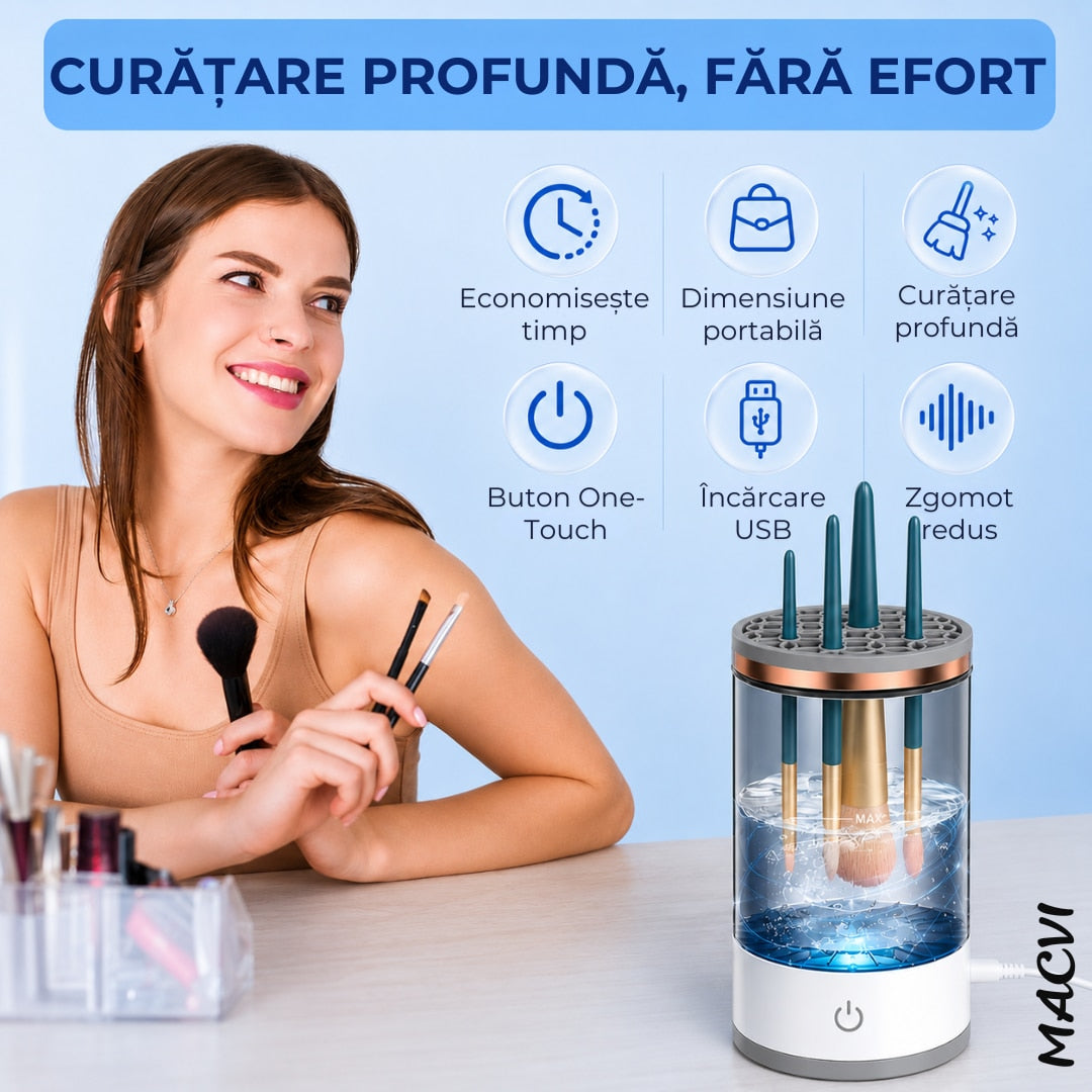 Dispozitiv automat de curatare pensule machiaj Macvi®, ultrasonic, 7000 RPM, incarcare USB, compact, ABS/PC, transparent