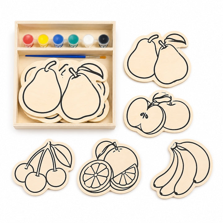 Set de Pictura Teno®, tematica fructe, din lemn, culori vibrante, dezvolta creativitatea, cutie de depozitare, acuarele incluse, multicolor