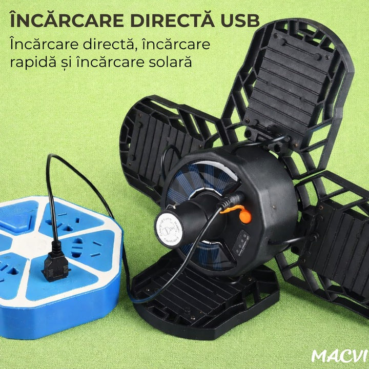 Lampa Solara de Exterior Macvi® XF-702, 104 LED SMD, 5 Moduri Iluminare, Reglabila cu 4 Clape, Alimentare Solara/USB, Telecomanda Inclusa