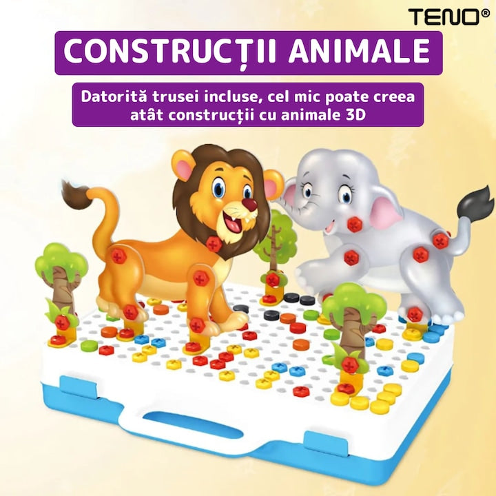 Jucarie Educativa si Interactiva 4in1 Teno®, 198 piese, bormasina pentru inginerie, pentru fete si baieti, manual inclus, puzzle 3D/2D, dezvoltare STEM, montessori, multicolor