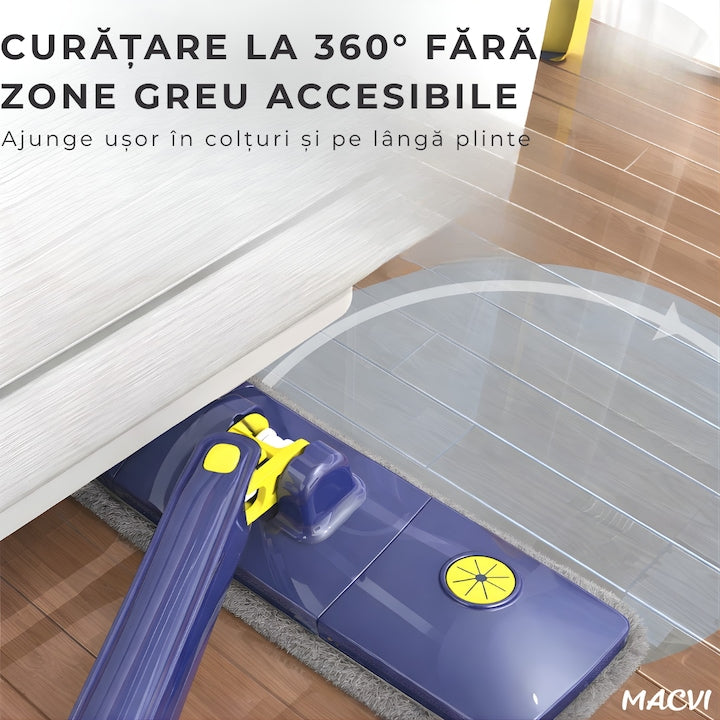 Mop Macvi® dreptunghiular cu stoarcere incorporata, telescopic, usor de curatat, 127 cm, albastru si galben