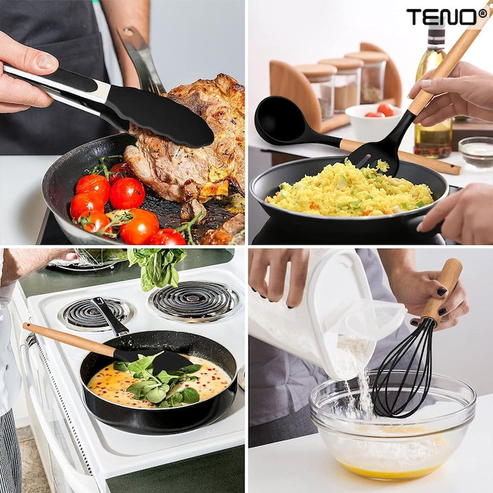 Set Ustensile Bucatarie 12 Piese Silicon Alimentar Teno®, termorezistente, antiaderente, sigure, suport inclus, negru