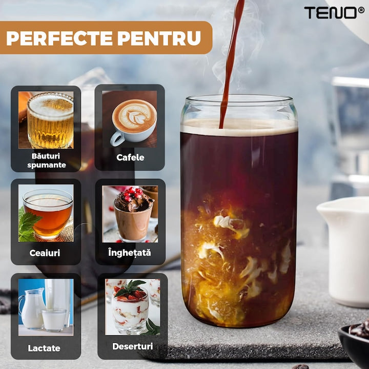 Set 4 Pahare de Sticla cu Capac si Pai Teno®, sticla borosilicata, capac din bambus, design modern, termorezistente, capacitate 500 ml, 15 cm
