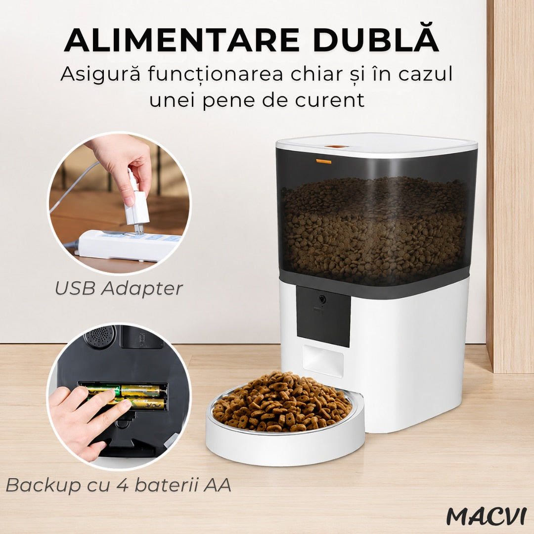 Dozator Automat Hrana Animale Macvi® 6L Conectare Baterii(neincluse) sau Priza, Control din Telefon, WiFi, Vas Inox, Programare Mese pentru Caini si Pisici