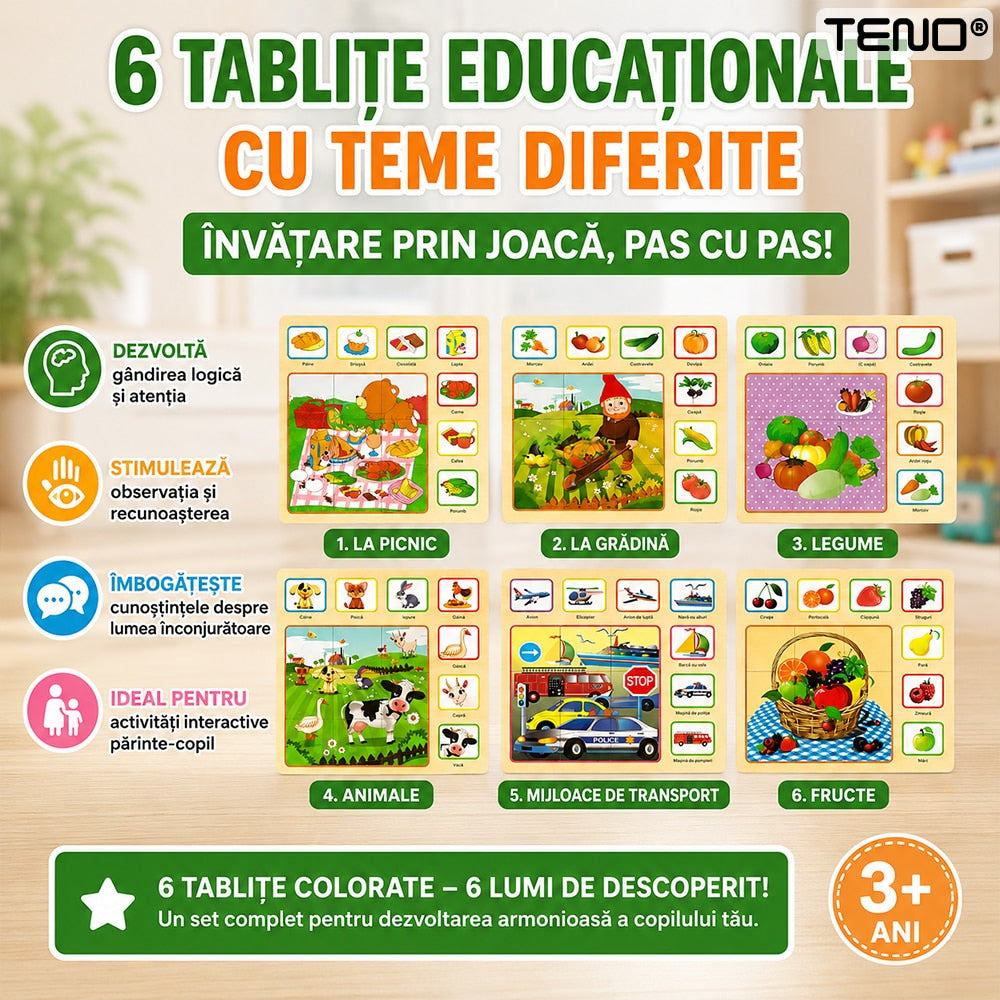 Set 6 Tablite Educationale Montessori Teno®, puzzle inteligent, diverse teme, din lemn, culori vibrante, dezvoltare cognitiva/inteligenta, multicolor