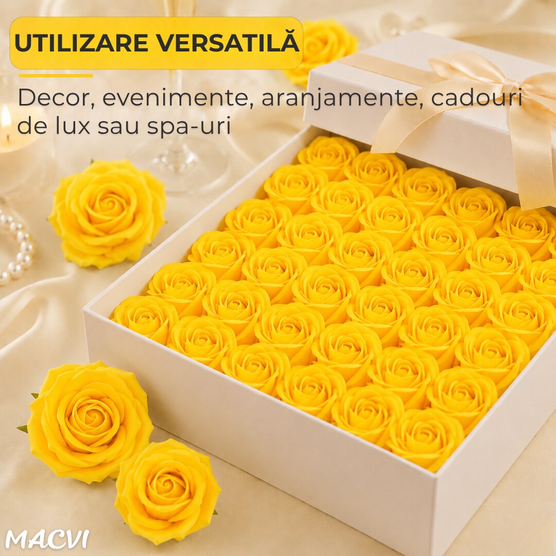 Set 50 trandafiri din sapun, 5x5 cm, calitate premium, decor si cadou elegant, Galben deschis