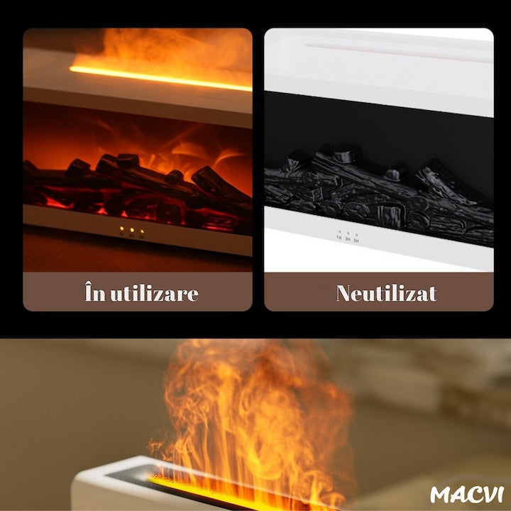 Umidificator de aer inteligent Macvi® 3D cu efect de flacara, aromaterapie, rezervor 200 ml, LED multicolor, silentios, portabil USB, cu telecomanda si 3 moduri de functionare, Alb