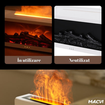 Umidificator de aer inteligent Macvi® 3D cu efect de flacara, aromaterapie, rezervor 200 ml, LED multicolor, silentios, portabil USB, cu telecomanda si 3 moduri de functionare, Alb