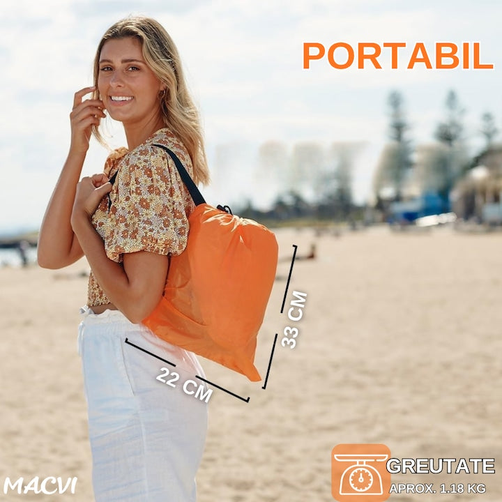 Saltea gonflabila tip sezlong Lazybag Macvi®, material rezistent, umflare fara pompa, pentru plaja/picnic/camping, rucsac de depozitare, 190 x 70 cm,Portocaliu