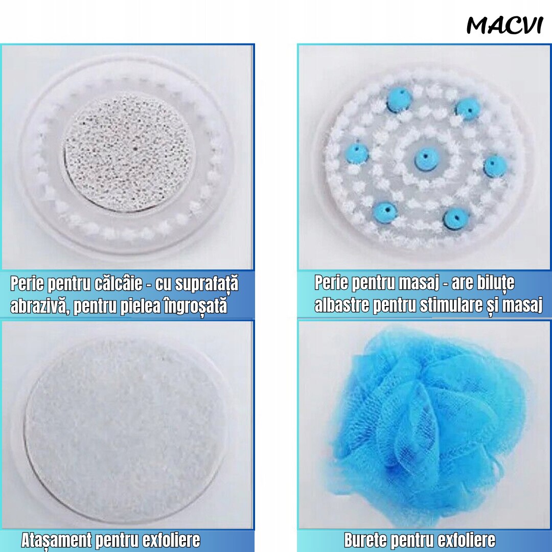 Perie baie rotativa Macvi®, electrica, pentru curatare, exfoliere si masaj, cu 5 capete interschimbabile si 2 trepte de viteza – o solutie completa pentru ingrijirea pielii si relaxarea zilnica