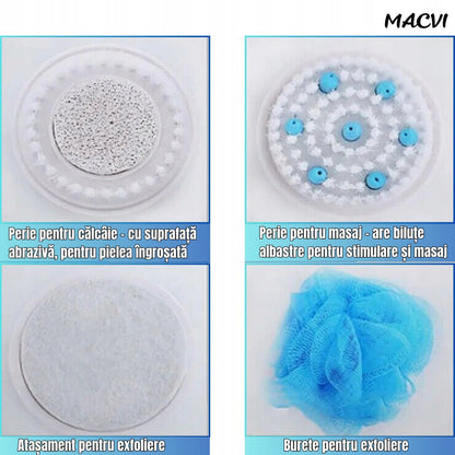 Perie baie rotativa Macvi®, electrica, pentru curatare, exfoliere si masaj, cu 5 capete interschimbabile si 2 trepte de viteza – o solutie completa pentru ingrijirea pielii si relaxarea zilnica