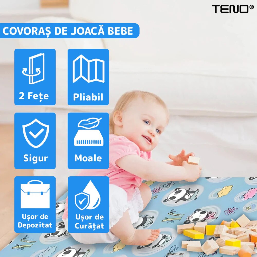 Covoras de Joaca pentru Copii Teno®, 2 fete, termic, anti-derapant, pliabil, protectie impotriva loviturilor, panda si grizzly, 200x180cm, grosime 1 cm, multicolor