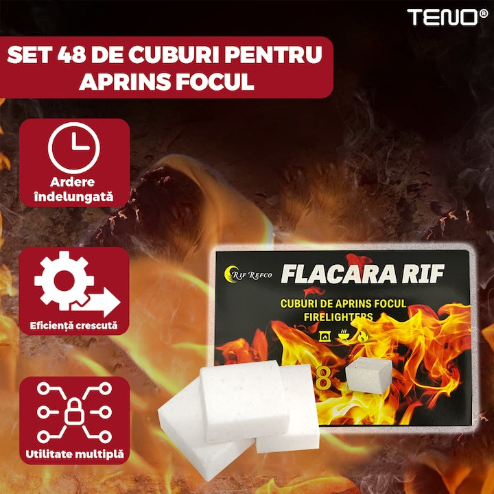 Set 48 Cuburi pentru Aprins Focul Teno®, pastile aprinzatoare, timp indelungat de ardere, incalzire centrala, seminee, sobe, camping, drumetii