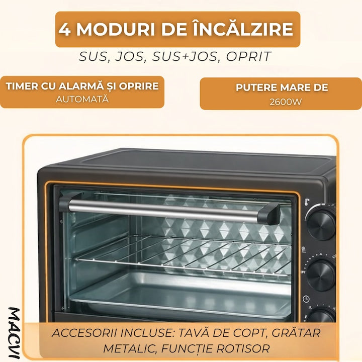 Cuptor Electric de Bucatarie Macvi® 2600W, 48L, Temperatura Reglabila 250°C, 4 Moduri Incalzire, Tava de Copt, Gratar, Functie Rotisor