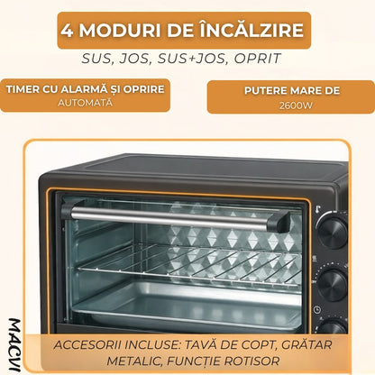 Cuptor Electric de Bucatarie Macvi® 2600W, 48L, Temperatura Reglabila 250°C, 4 Moduri Incalzire, Tava de Copt, Gratar, Functie Rotisor