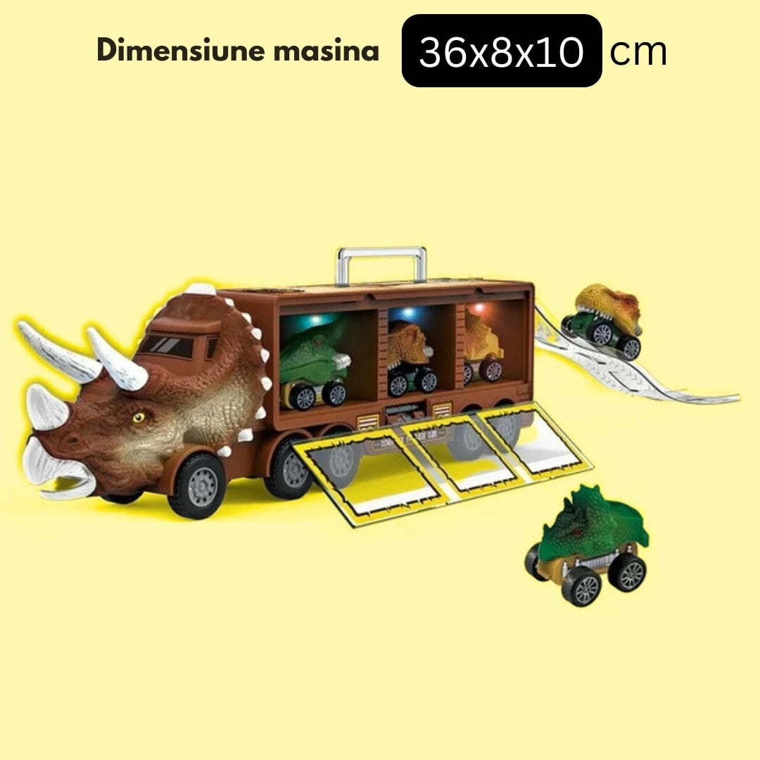 Camion Dinozaur Interactiv Macvi® cu Lumini si Sunete, 3 Vehicule Detasabile, Rampa de Lansare si Accesorii Preistorice, Jucarie Educativa pentru Copii 3+
