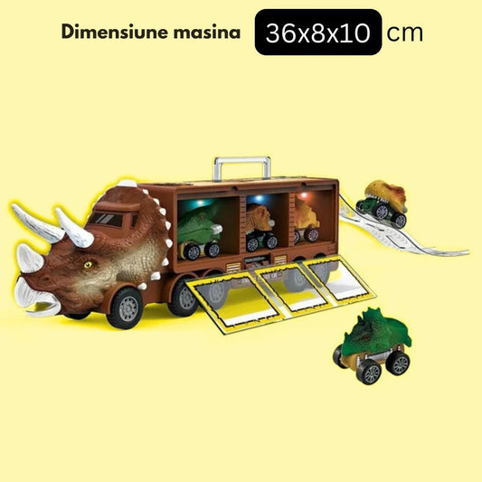 Camion Dinozaur Interactiv Macvi® cu Lumini si Sunete, 3 Vehicule Detasabile, Rampa de Lansare si Accesorii Preistorice, Jucarie Educativa pentru Copii 3+
