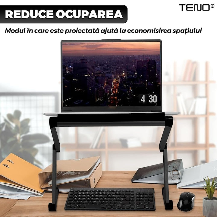 Masuta pentru Laptop 2 in 1 Teno®, reglabila pe inaltime, fante de aerisire, suport reglabl pentru mouse, multifunctionala, versatila, 42 x 26 cm, negru