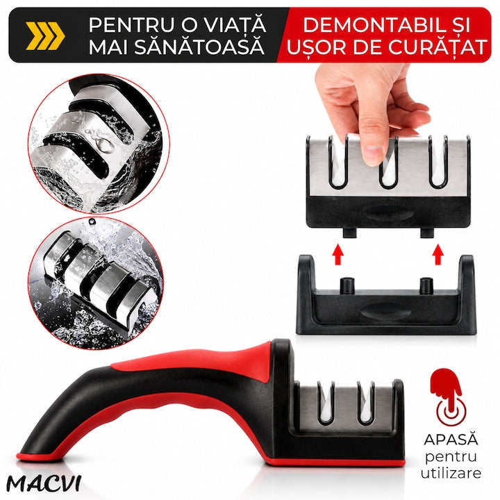 Ascutitor Manual Cutite Macvi® 3 in 1, 3 Etape de Ascutire, Otel Inoxidabil + Ceramica, Cap Detasabil, Maner Ergonomic, Baza Antiderapanta, ABS, 21.3 x 5.8 x 4.8 cm, Negru/Rosu