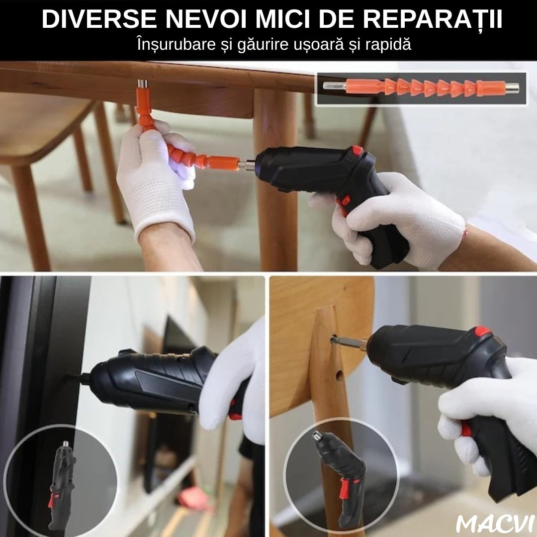 Surubelnita Electrica Portabila Macvi®, 47 Piese Acumulator Reincarcabil Maner Rotativ 90-180° Set Biti si Capete Tubulare Trusa Transport Negru