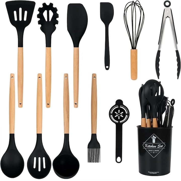 Set Ustensile Bucatarie 12 Piese Silicon Alimentar Teno®, termorezistente, antiaderente, sigure, suport inclus, negru