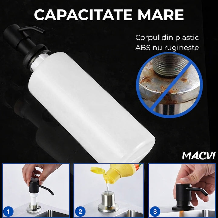 Dozator Incorporabil Macvi® Negru pentru Chiuveta Sapun Detergent Rezervor 300ml Design Modern