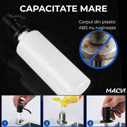 Dozator Incorporabil Macvi® Negru pentru Chiuveta Sapun Detergent Rezervor 300ml Design Modern