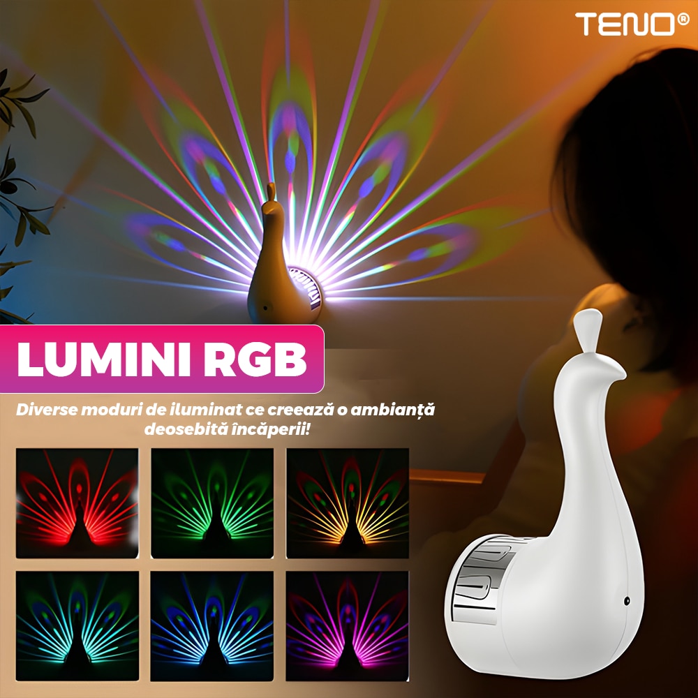Lampa Proiector Teno®, model paun, alimentare la retea USB, lumini LED, diverse moduri de iluminare, montare usoara, control prin telecomanda/touch, temporizator, alb