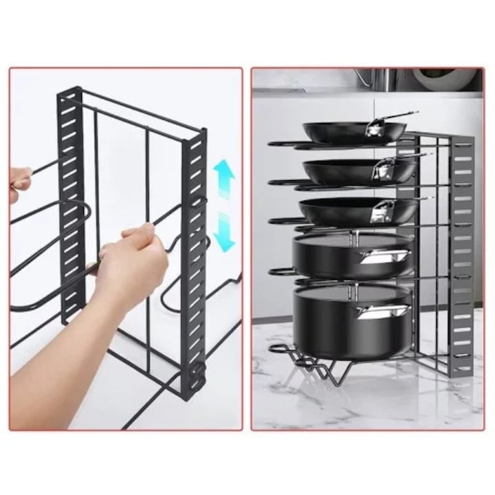 Suport reglabil 9 tigai si oale Macvi® din metal, 8 separatoare, protectie cauciuc, utilizare verticala/orizontala, negru