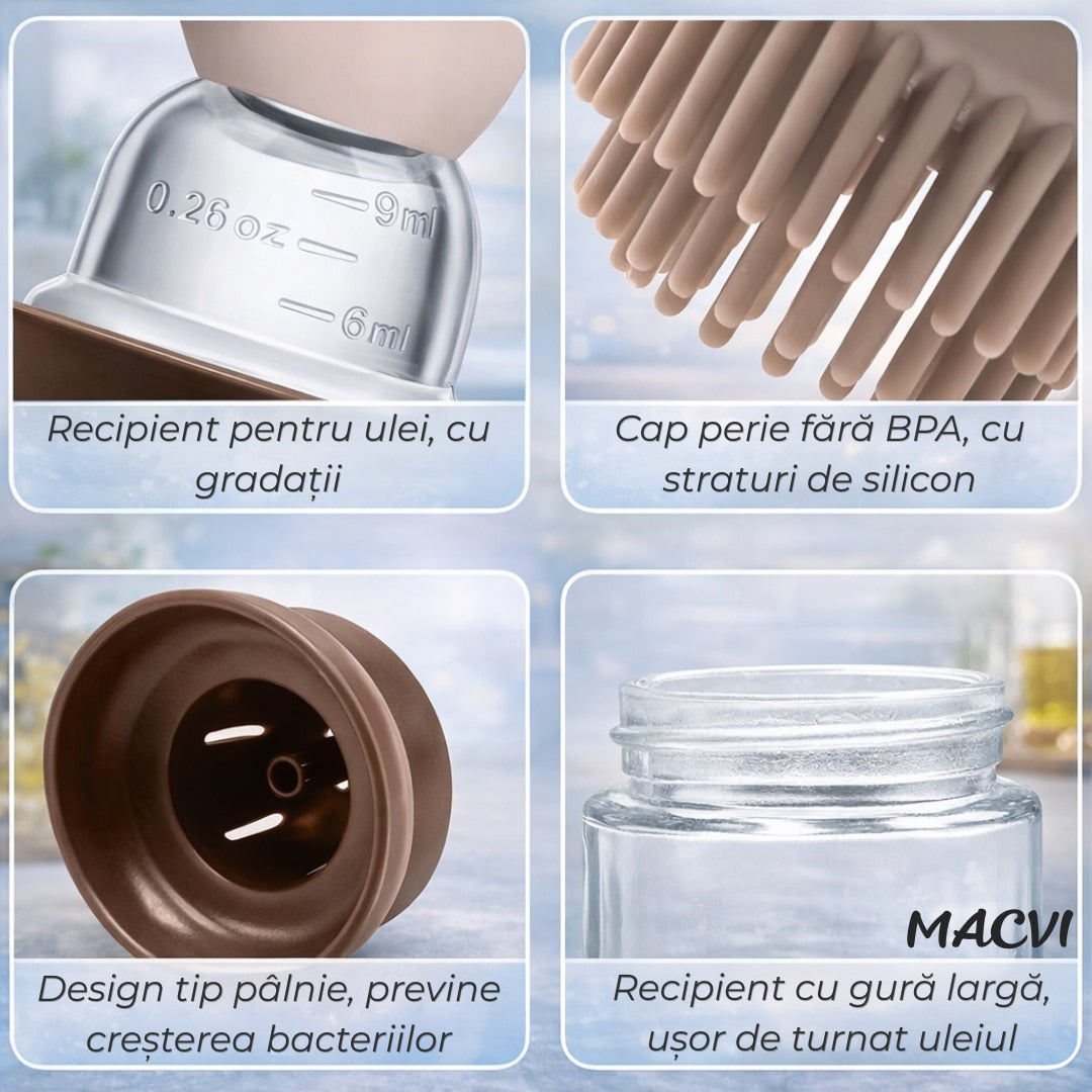 Sticla pentru ulei Macvi® cu pensula din silicon, scala precisa, rezistenta la caldura, usor de curatat, ideala pentru gatit, copt si grill, Multicolor
