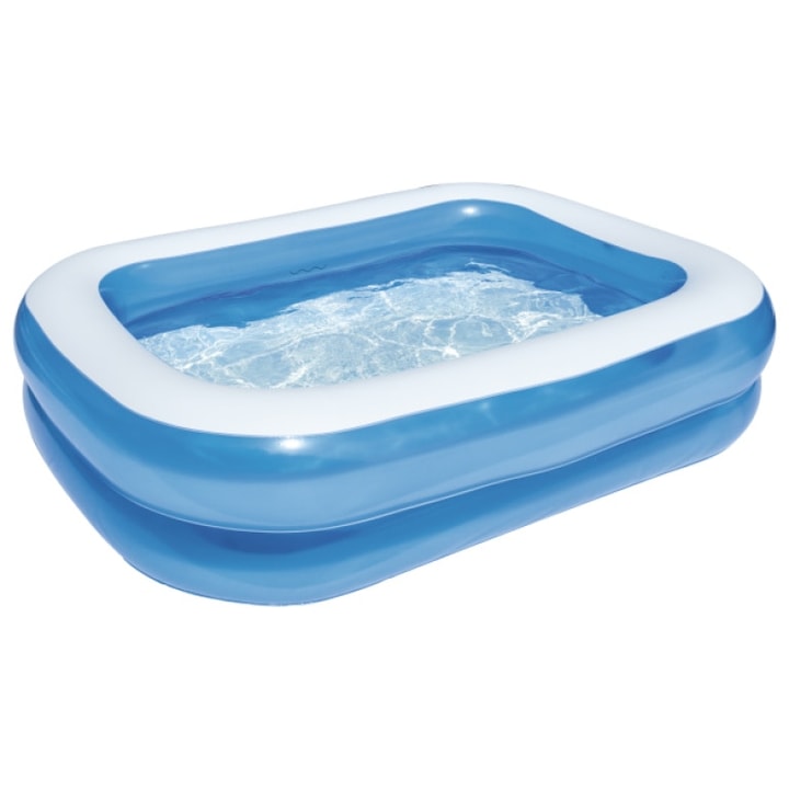 Piscina gonflabila familiala Macvi® 201 x 150 x 51 cm, 2 inele gonflabile, capacitate 450 L, PVC rezistent, pentru copii si adulti, curte, gradina si terasa, alb/albastru