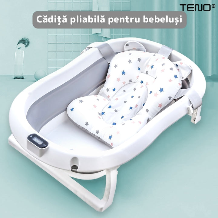 Cadita cu Pernuta pentru Bebelusi Teno®, termometru digital incorporat, pliabila, dop de scurgere, picioare anti-alunecare, design ergonomic, 75 x 45 x 22 cm, gri cu stelute