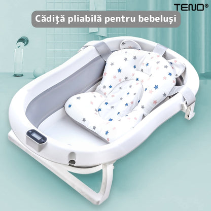 Cadita cu Pernuta pentru Bebelusi Teno®, termometru digital incorporat, pliabila, dop de scurgere, picioare anti-alunecare, design ergonomic, 75 x 45 x 22 cm, gri cu stelute