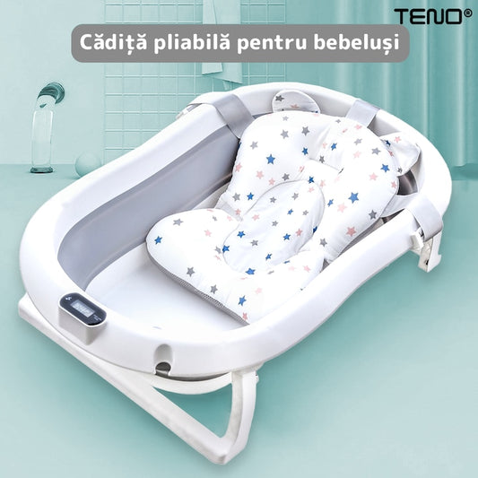 Cadita cu Pernuta pentru Bebelusi Teno®, termometru digital incorporat, pliabila, dop de scurgere, picioare anti-alunecare, design ergonomic, 75 x 45 x 22 cm, gri cu stelute