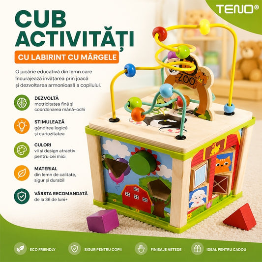 Cub Montessori Teno®, din lemn, educativ, joc cu legume, joc cu labirint, joc de animale, sortator forme, dezvolta abilitatile cognitive, senzoriale, coordonare mana-ochi, multicolor
