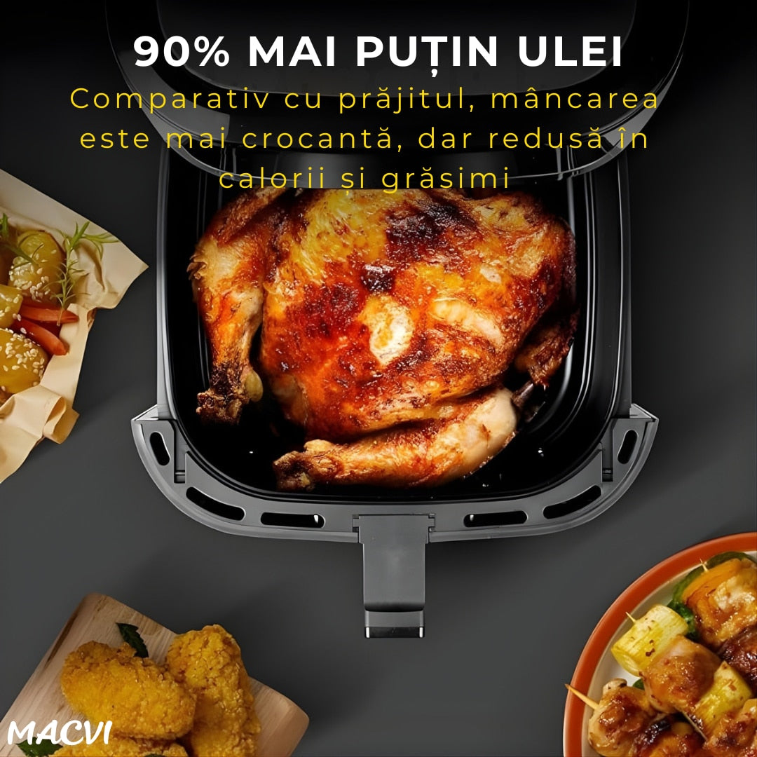 Friteuza aer Macvi® cu aer cald 12L 2400W, fereastra transparenta, panou digital touch, 8 programe presetate, control temperatura 80-200°C, timer 0-60 min, gatire fara ulei, functie 3D, aer circulant