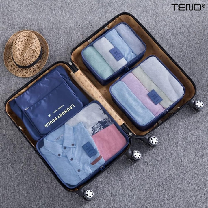 Set 6 Organizatoare Teno®, pentru calatorie, diferite marimi, bagaj de voiaj, valiza, troler, genti, haine, accesorii, inchidere cu fermoar dublu, plasa, albastru inchis