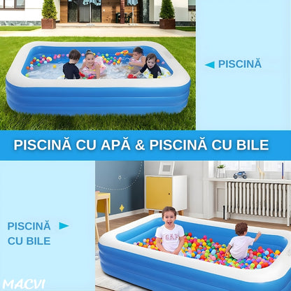 Piscina gonflabila Macvi® din PVC rezistent, 150×105×50 cm, 1-3 persoane, pereti grosi, design confortabil pentru gradina si curte