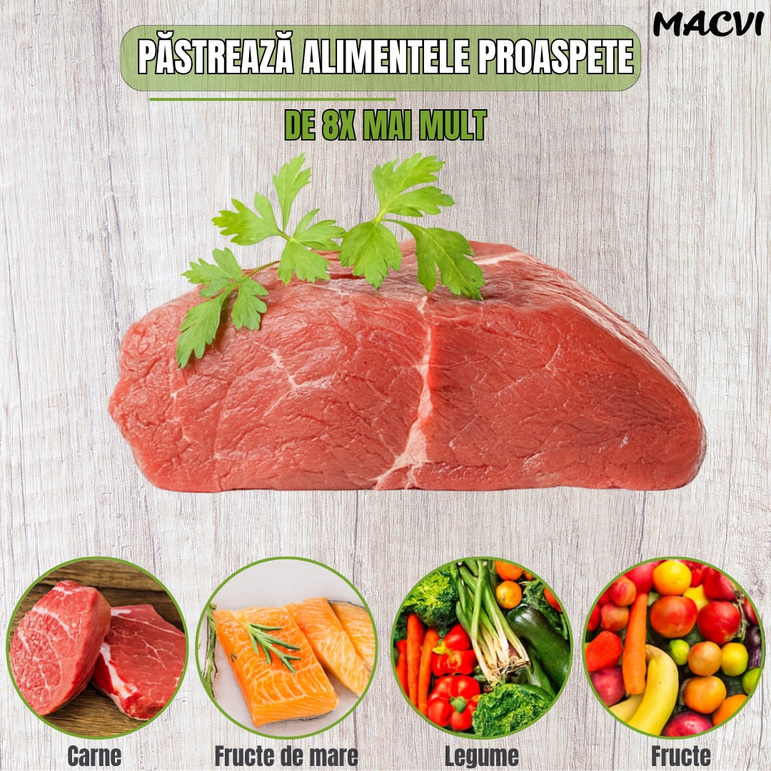 Aparat de vidat Macvi® cu taietor incorporat, sistem compact, mod uscat si umed pentru conservarea alimentelor