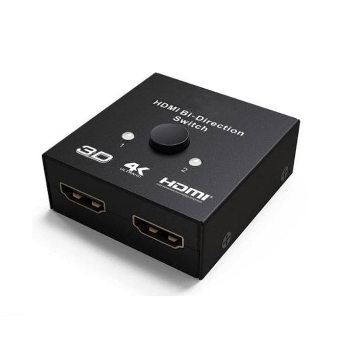 Comutator HDMI 2 Porturi Bidirectional 4K, manual, metalic, negru, 48x52x19mm