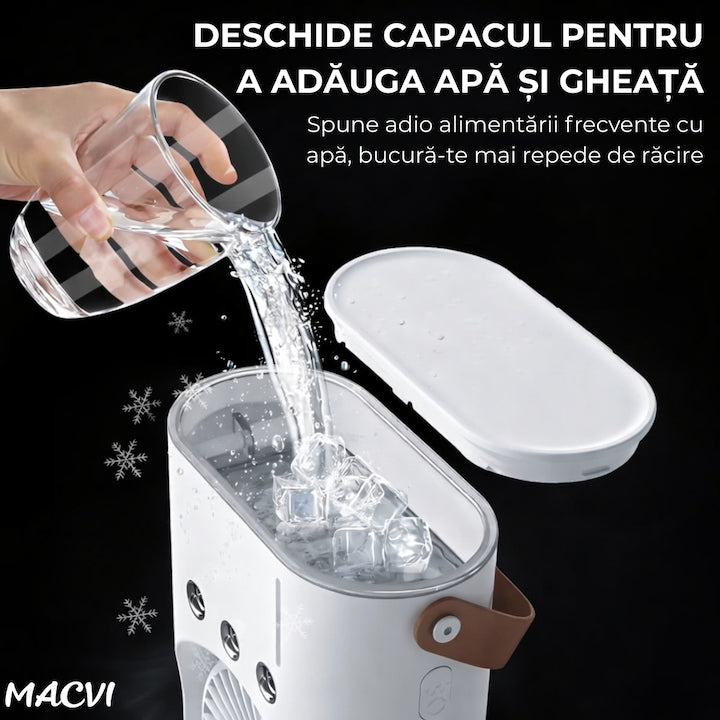 Ventilator Portabil Macvi® cu Pulverizare si Dublu Cap, Sistem de Racire cu Apa, 3 Trepte Viteza, Reglabil 360°, Alimentare USB, Ideal pentru Vara, Birou sau Exterior