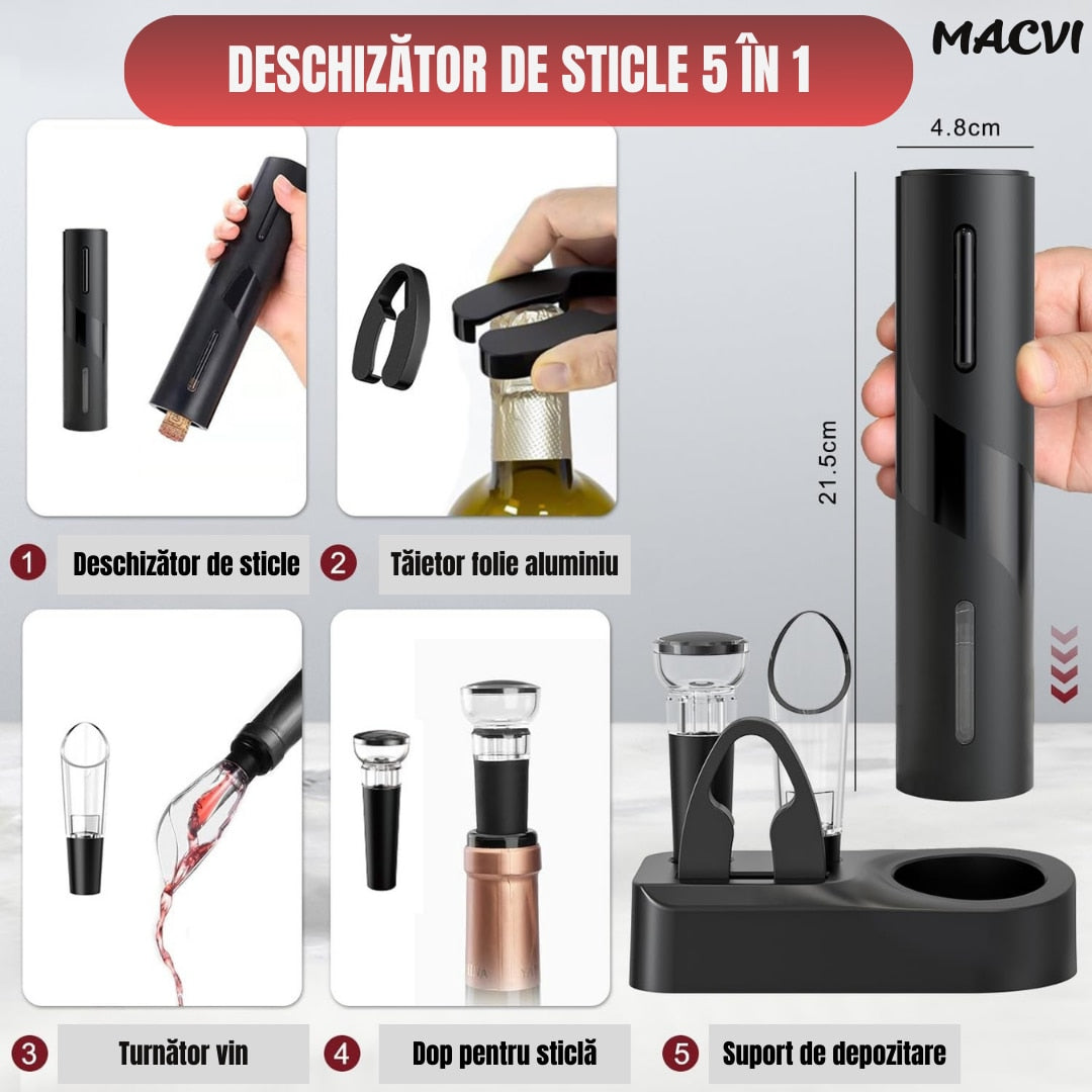 Set Electric Macvi® Deschizator de Vin 5-in-1, Cu baterii, Foil Cutter, Aerator, Dop Vacuum, Negru, Design Elegant si Portabil